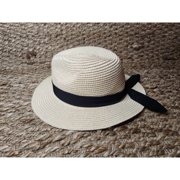 HaT Accessories - Women's Woven Straw Hat With Black Ribbon Bow Tie Beach Spring Summer